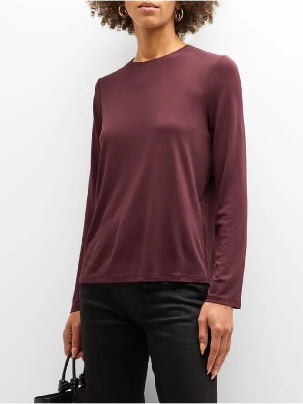 Eileen Fisher Long-Sleeve Crewneck Silk Top in Deep Burgundy